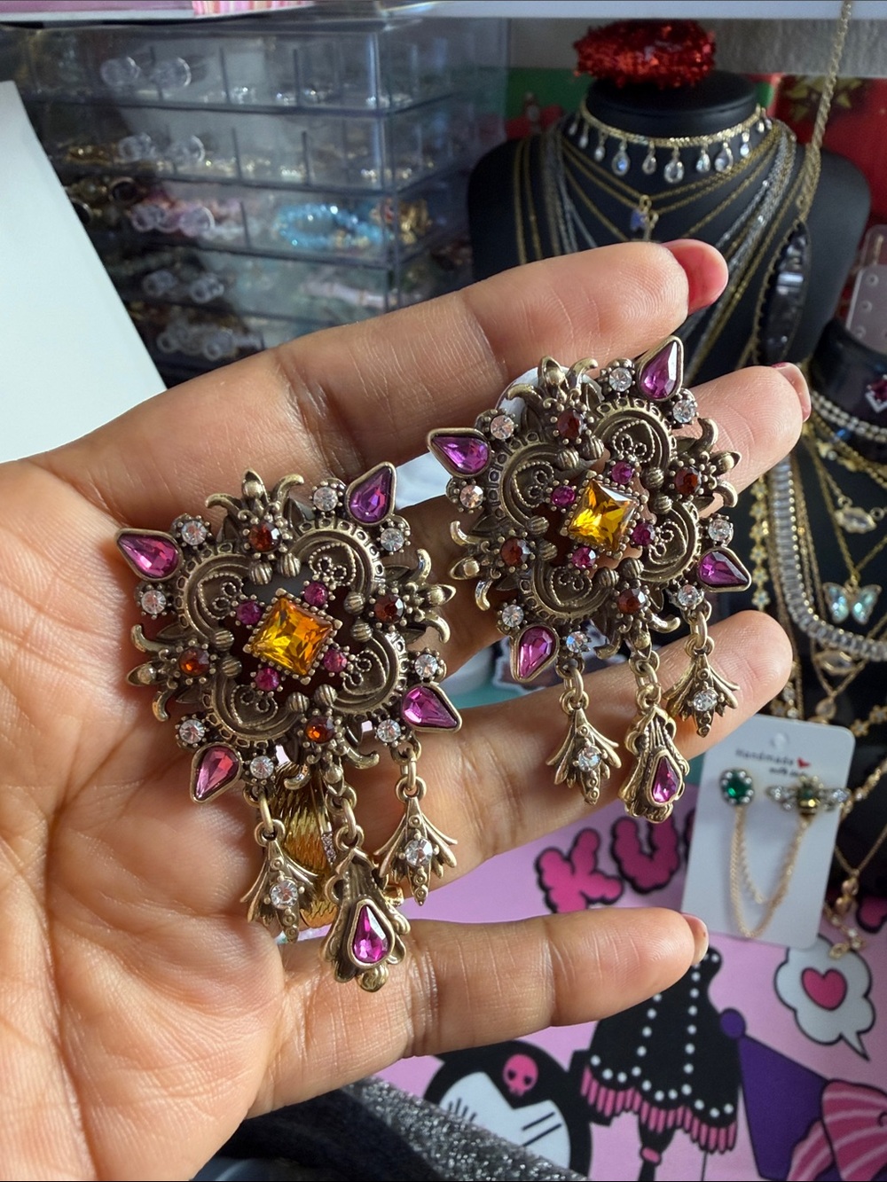 Vintage-Inspired Gold Filigree Chandelier Earrings with Pink and Yellow Stones